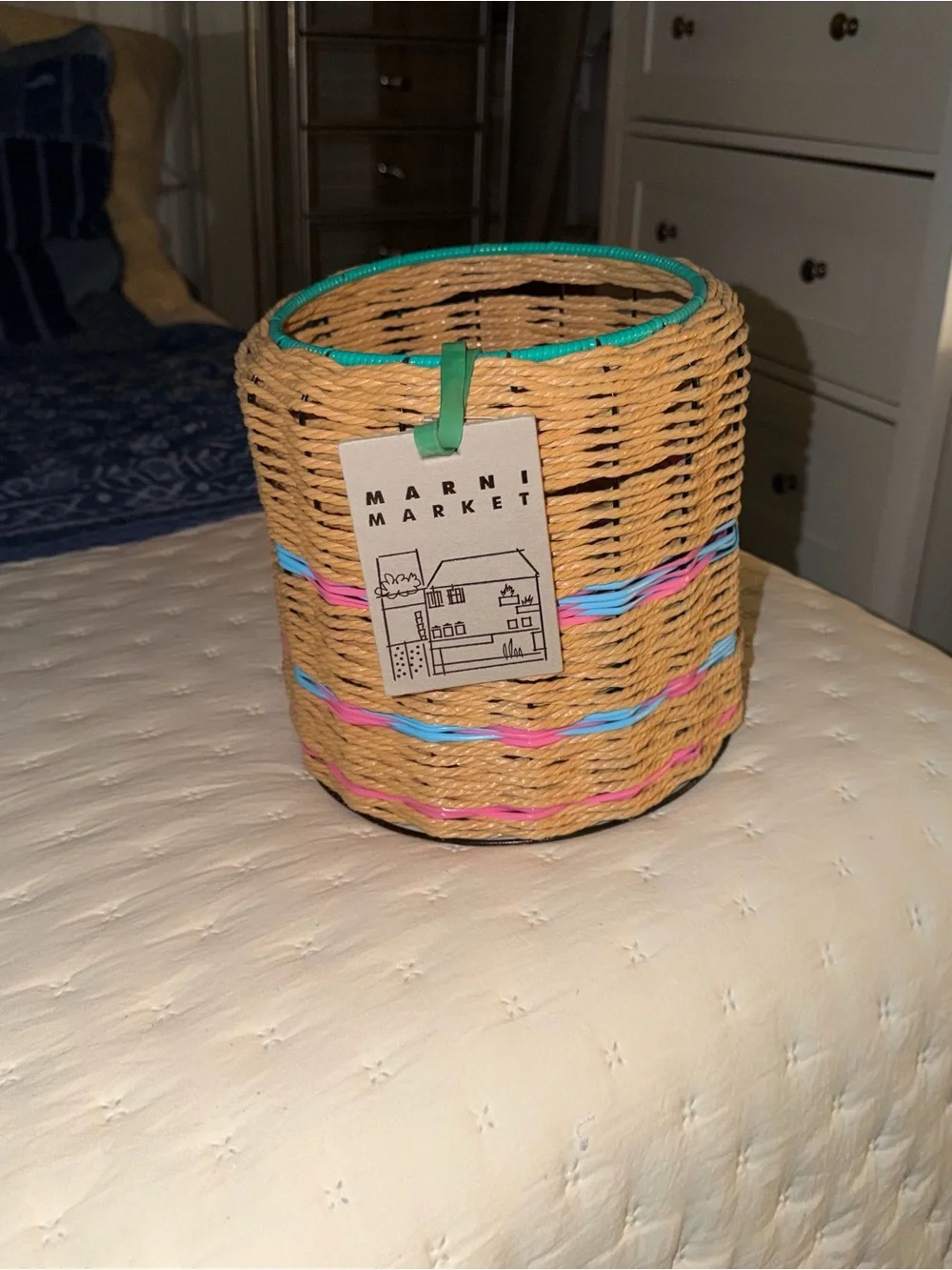 NWT MARNI MARKET BASKET Natural Woven Basket with Pink & Blue Trim